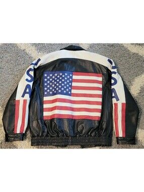Interstate Classic Leather Originals USA Flag Men's Jacket Size Large Black